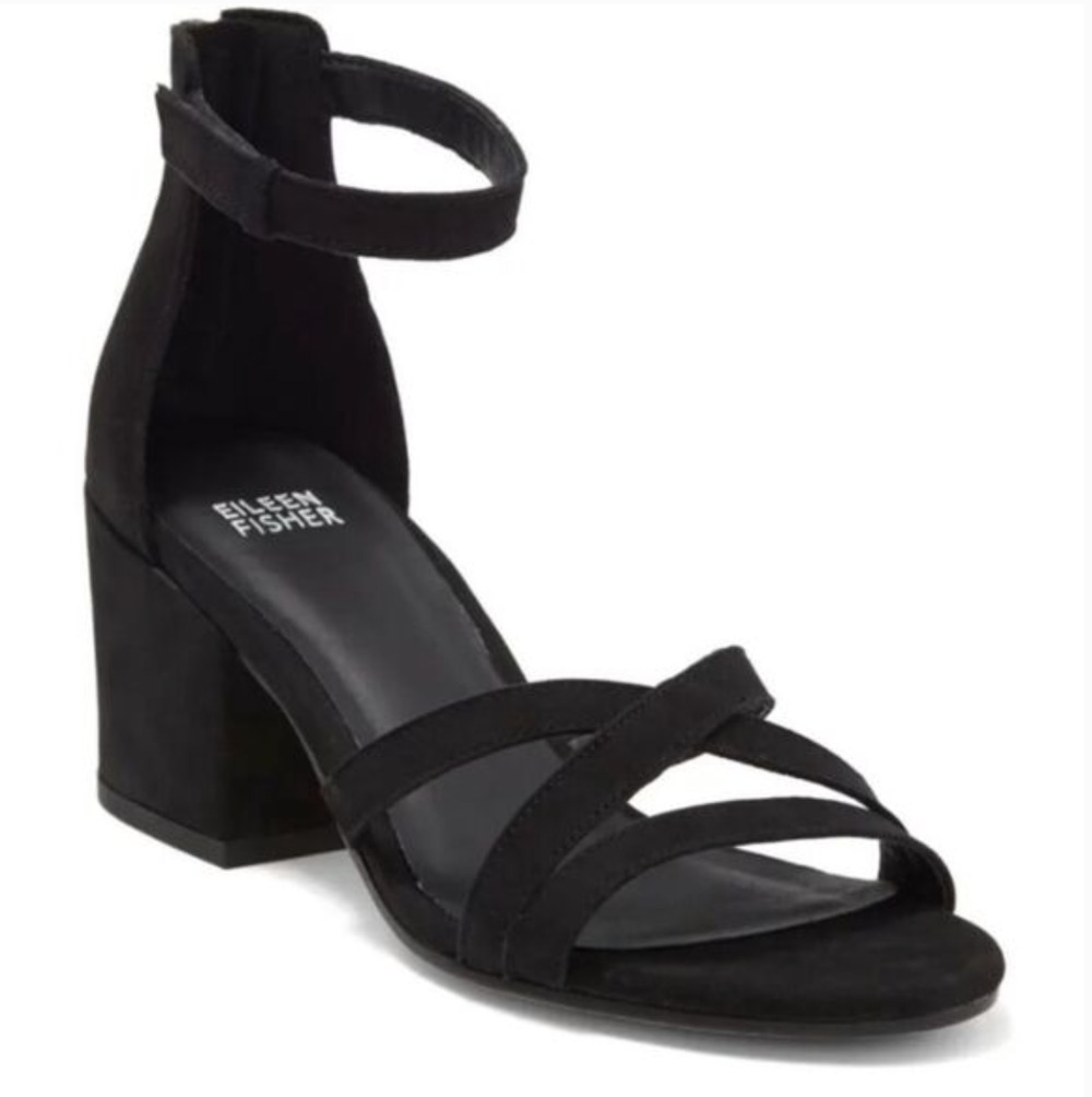 Eileen Fisher Jazzy Heel Sandals 8.5 NEW Black Leather Block Ankle Strap